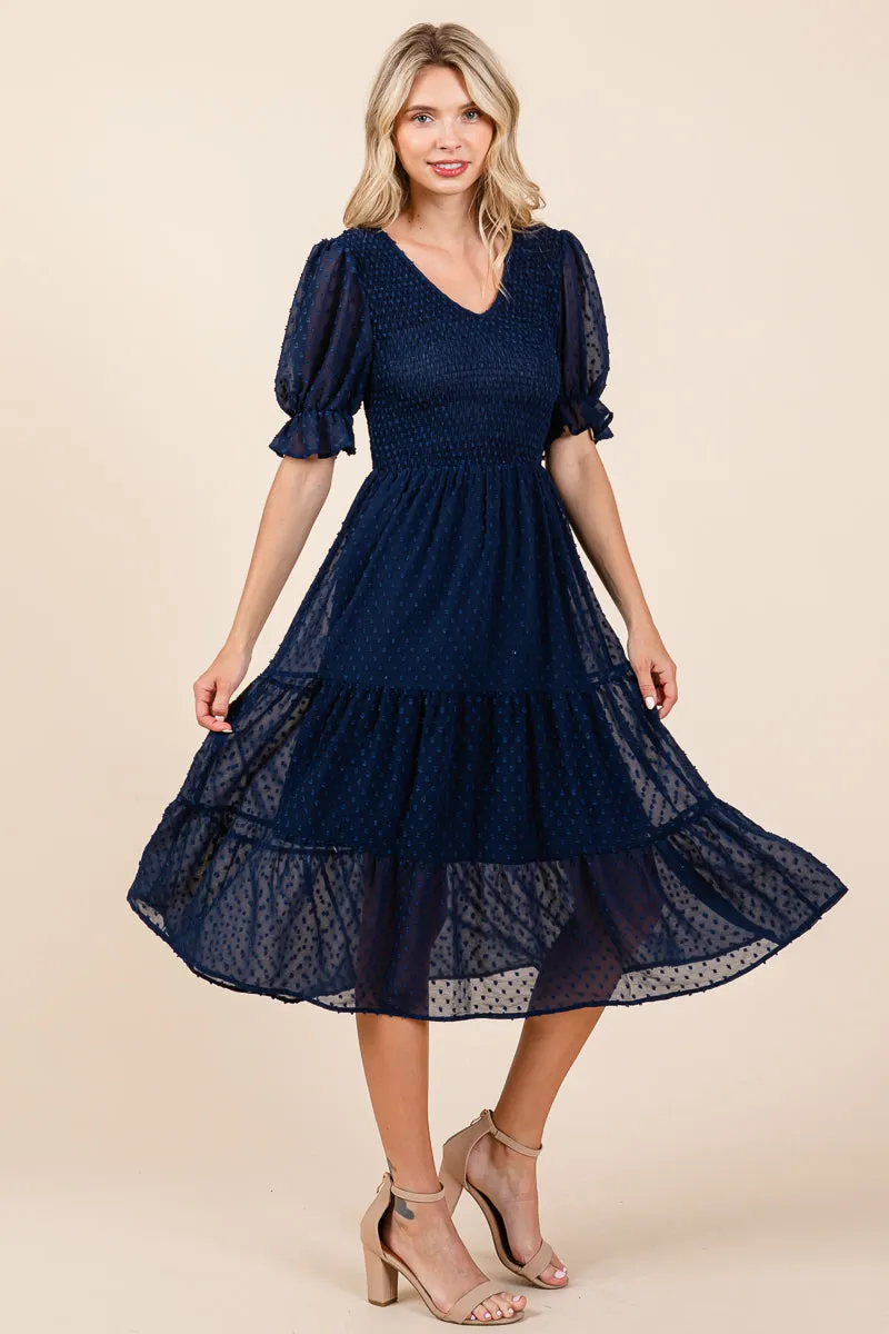 Smocked Short Sleeve Tiered Midi Dotted Dress