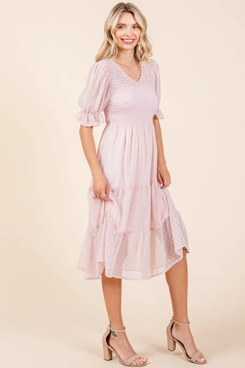 Smocked Short Sleeve Tiered Midi Dotted Dress