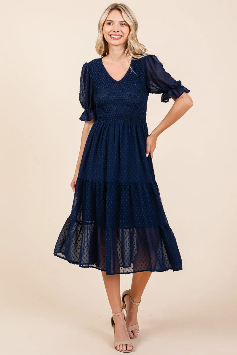 Smocked Short Sleeve Tiered Midi Dotted Dress