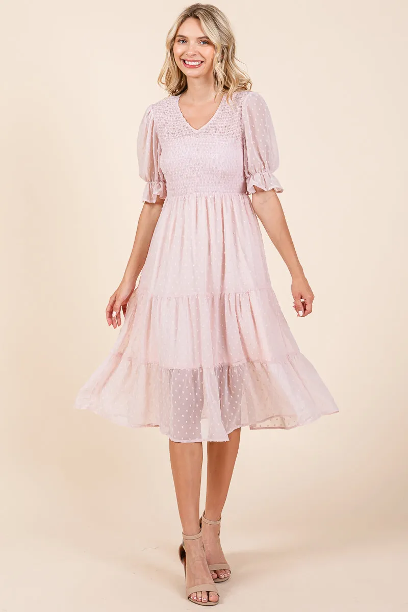 Smocked Short Sleeve Tiered Midi Dotted Dress