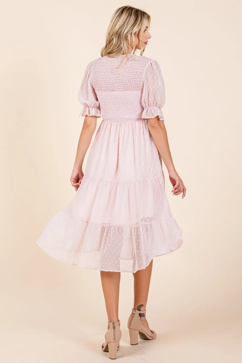 Smocked Short Sleeve Tiered Midi Dotted Dress