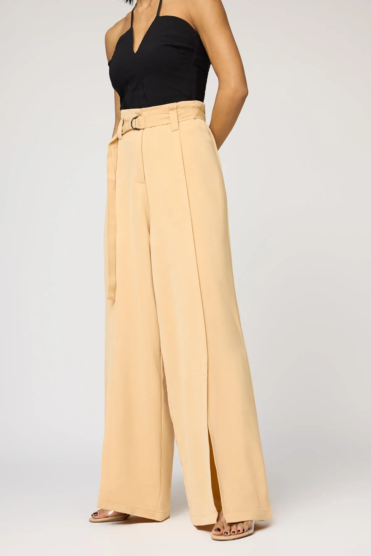 Soft Sand Belted Flared Korean Pants