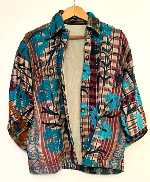 Specialty Collection: Shirt Style Button Down Jacket With Embroidery (Turquoise)