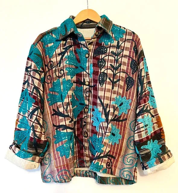 Specialty Collection: Shirt Style Button Down Jacket With Embroidery (Turquoise)