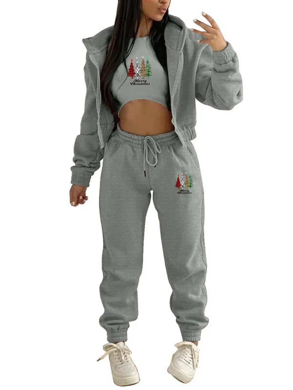 Sporty Holiday 3-Piece Outfit Sweatpants, Hoodie, and Crop Tank