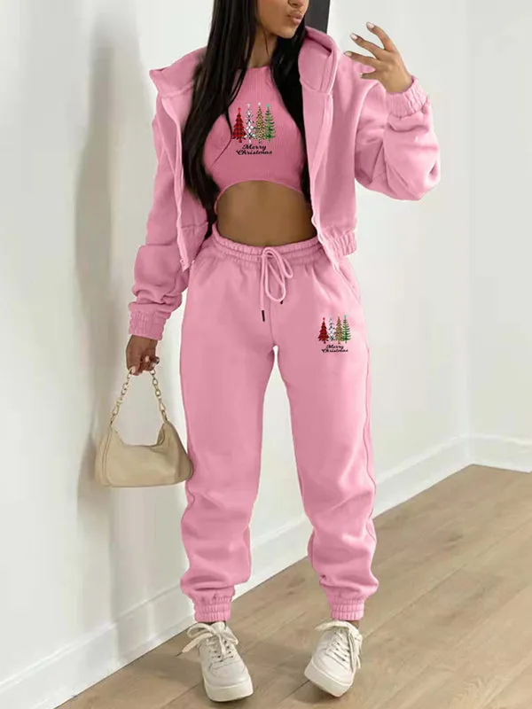 Sporty Holiday 3-Piece Outfit Sweatpants, Hoodie, and Crop Tank