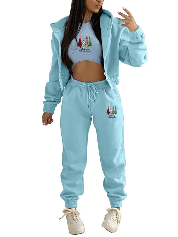 Sporty Holiday 3-Piece Outfit Sweatpants, Hoodie, and Crop Tank