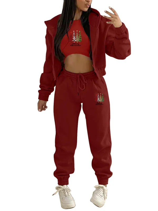 Sporty Holiday 3-Piece Outfit Sweatpants, Hoodie, and Crop Tank