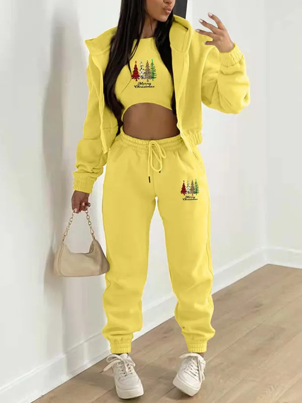 Sporty Holiday 3-Piece Outfit Sweatpants, Hoodie, and Crop Tank