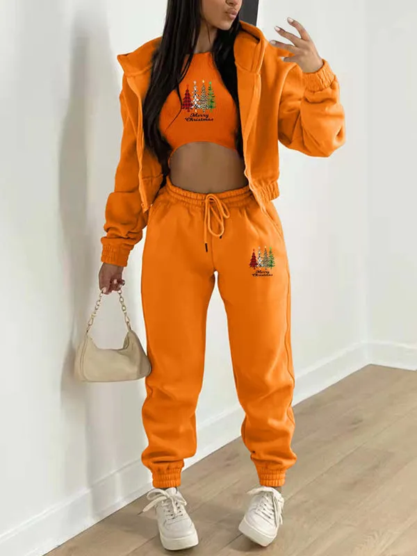 Sporty Holiday 3-Piece Outfit Sweatpants, Hoodie, and Crop Tank