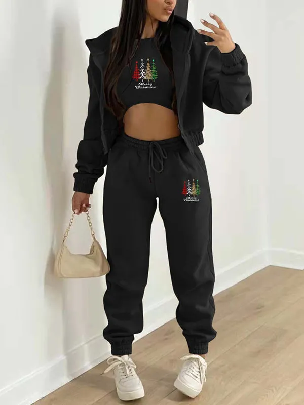 Sporty Holiday 3-Piece Outfit Sweatpants, Hoodie, and Crop Tank