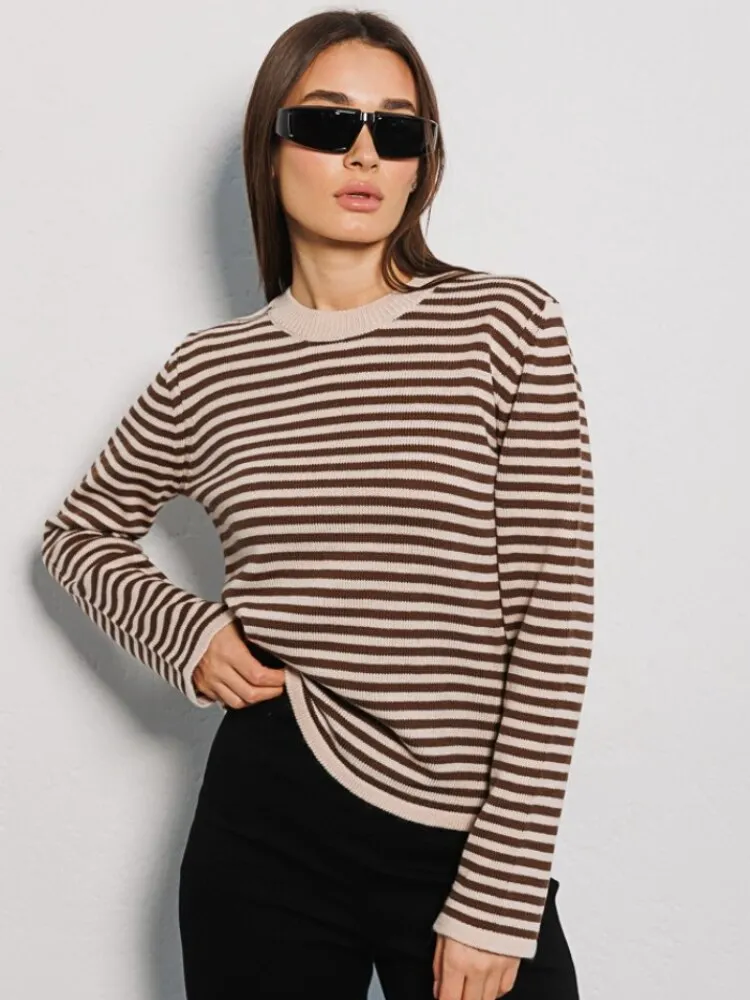 Striped Women's Sweater New Fashion Thread Contrast Round Neck Knit Pullover Office Lady Loose Knitwears Womens Clothing Tops