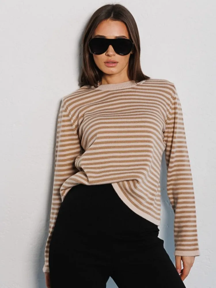 Striped Women's Sweater New Fashion Thread Contrast Round Neck Knit Pullover Office Lady Loose Knitwears Womens Clothing Tops