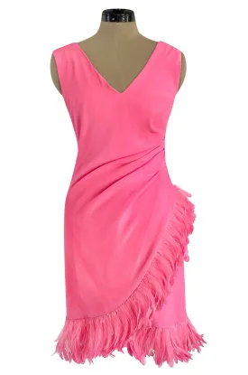 Stunning 1980s Ady Couture Rich Sueded Pink Silk Dress w Elaborate Pink Feather Trim