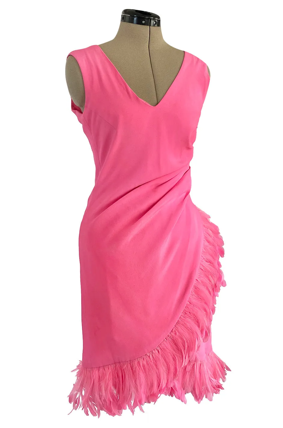 Stunning 1980s Ady Couture Rich Sueded Pink Silk Dress w Elaborate Pink Feather Trim