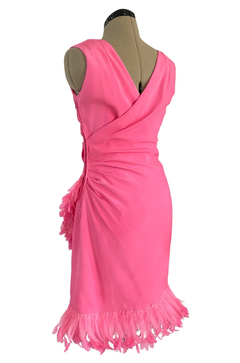 Stunning 1980s Ady Couture Rich Sueded Pink Silk Dress w Elaborate Pink Feather Trim