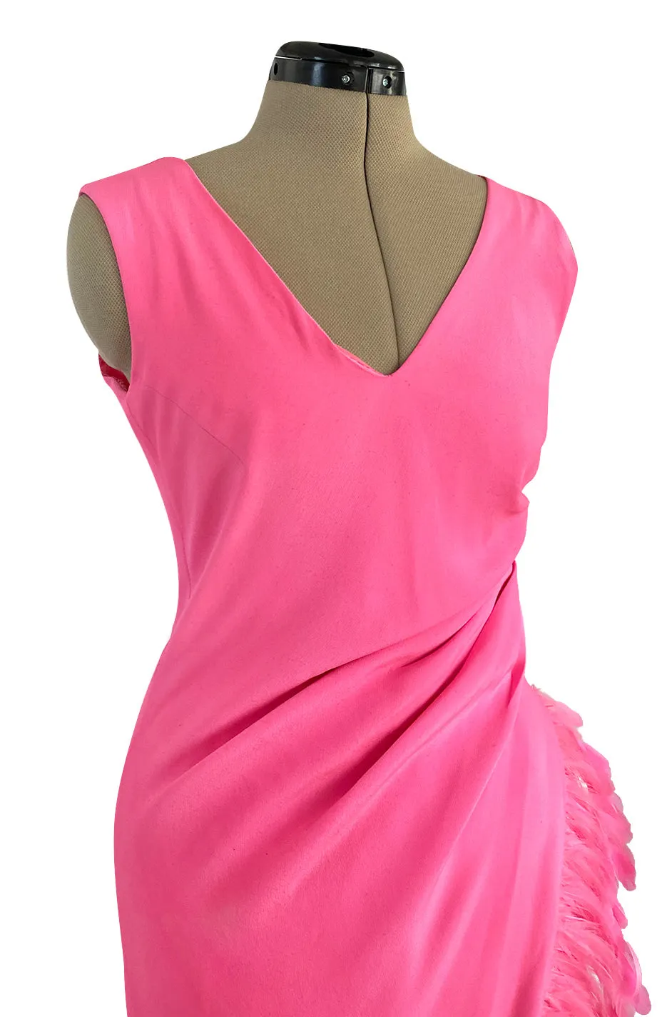 Stunning 1980s Ady Couture Rich Sueded Pink Silk Dress w Elaborate Pink Feather Trim