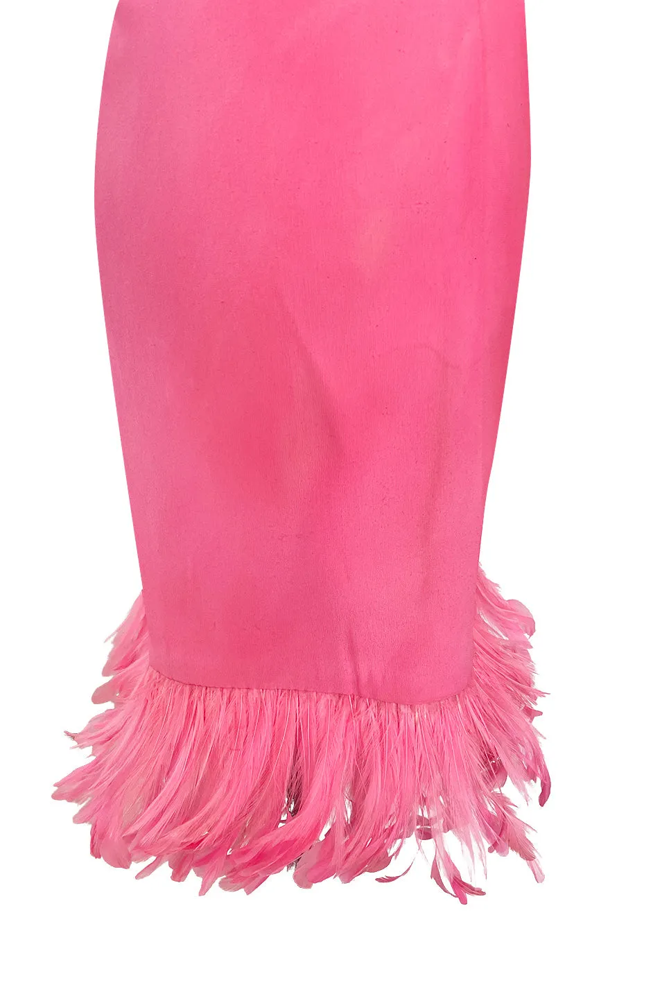 Stunning 1980s Ady Couture Rich Sueded Pink Silk Dress w Elaborate Pink Feather Trim