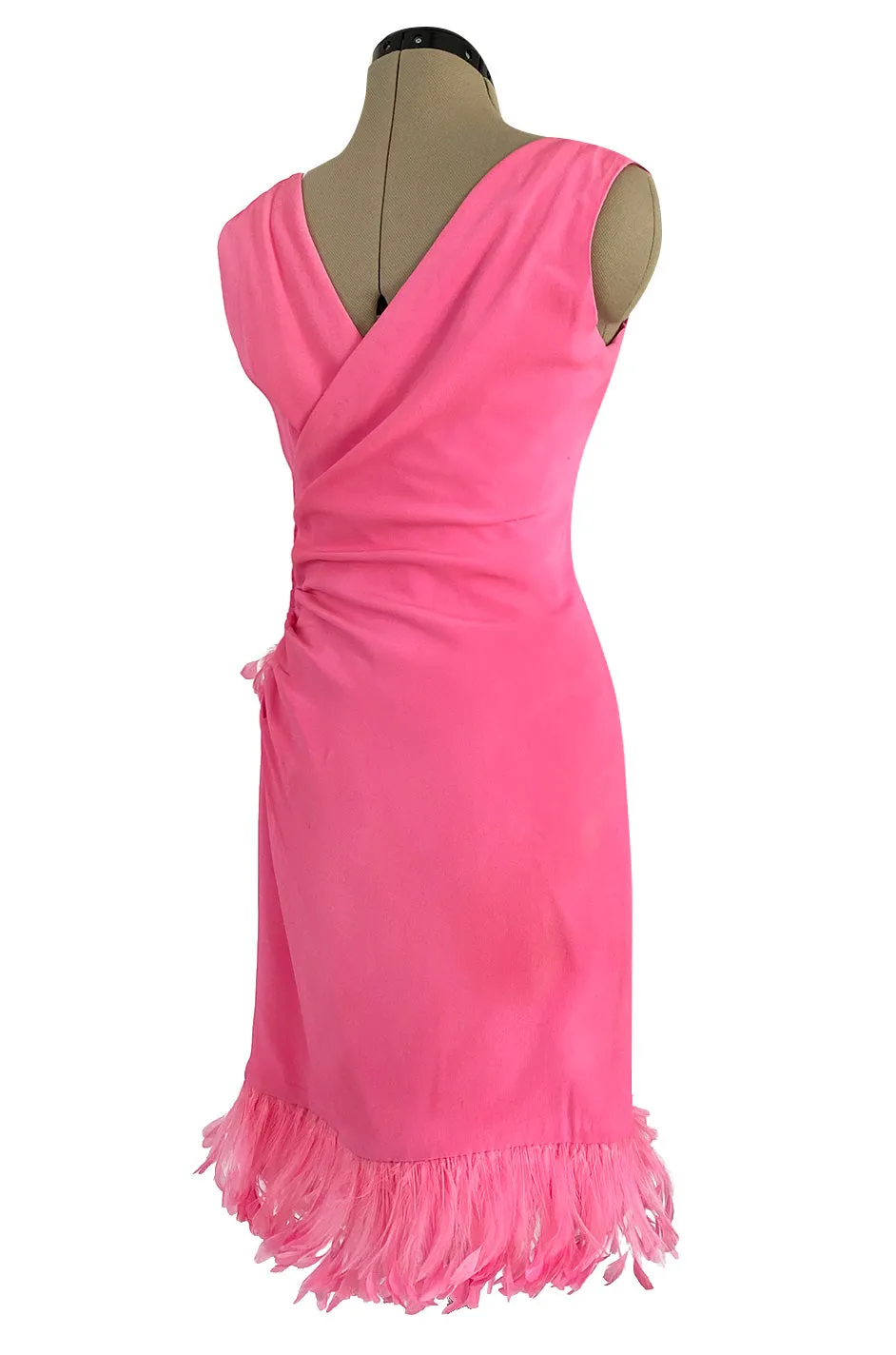 Stunning 1980s Ady Couture Rich Sueded Pink Silk Dress w Elaborate Pink Feather Trim