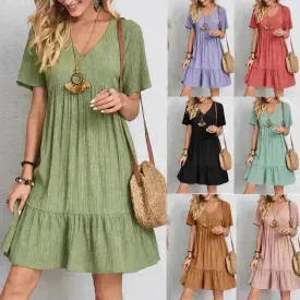 Summer Beach  V-neck Dresses Women's Loose Casual Short-sleeved Loose Skater Dress for Chic Ladies