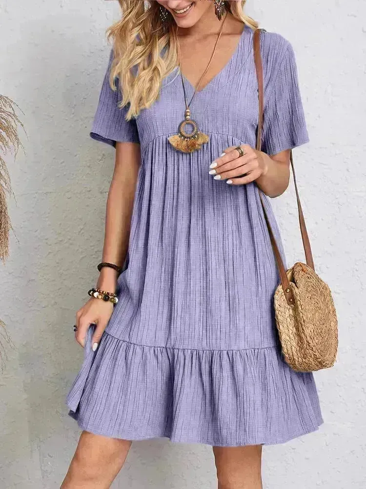 Summer Beach  V-neck Dresses Women's Loose Casual Short-sleeved Loose Skater Dress for Chic Ladies