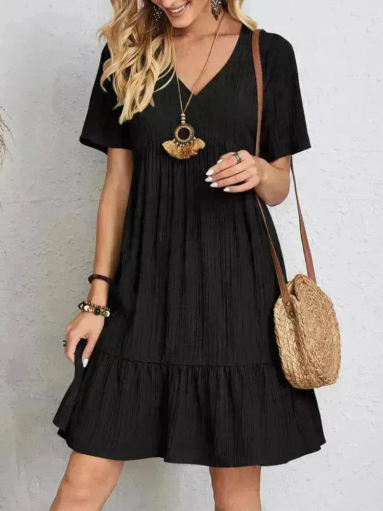 Summer Beach  V-neck Dresses Women's Loose Casual Short-sleeved Loose Skater Dress for Chic Ladies