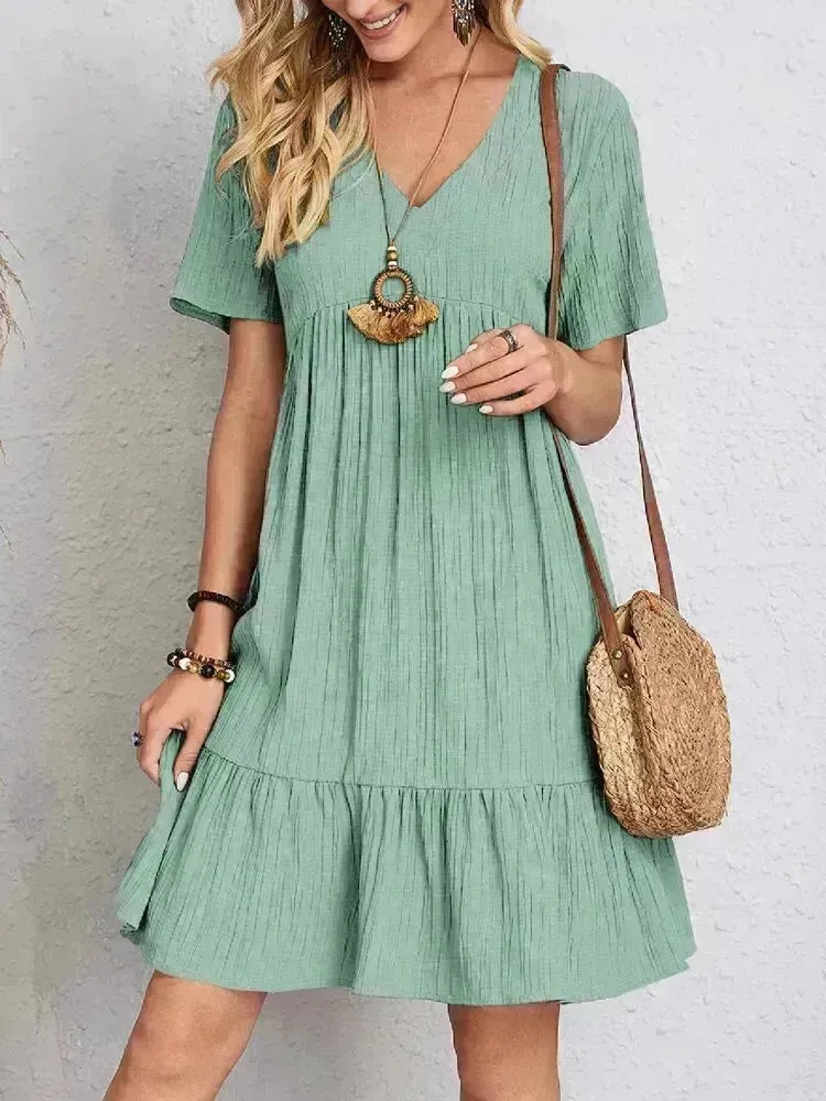 Summer Beach  V-neck Dresses Women's Loose Casual Short-sleeved Loose Skater Dress for Chic Ladies