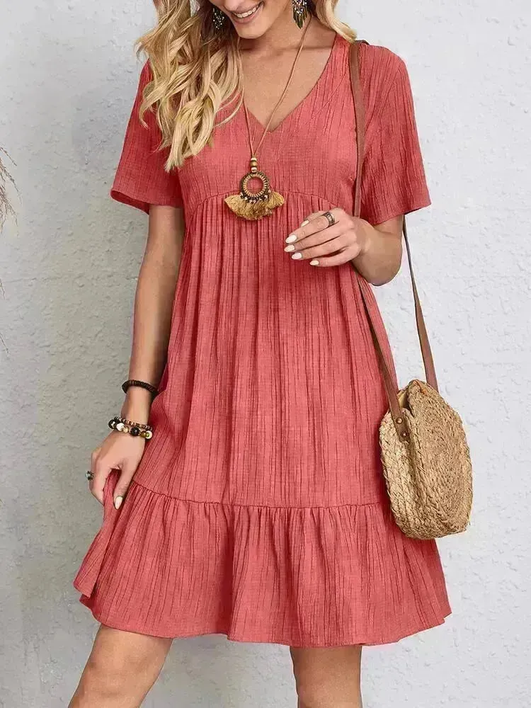 Summer Beach  V-neck Dresses Women's Loose Casual Short-sleeved Loose Skater Dress for Chic Ladies