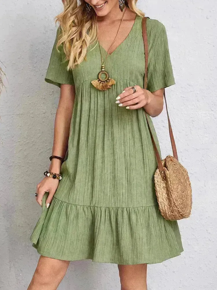 Summer Beach  V-neck Dresses Women's Loose Casual Short-sleeved Loose Skater Dress for Chic Ladies