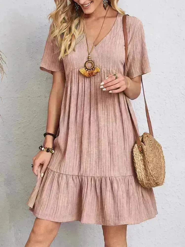 Summer Beach  V-neck Dresses Women's Loose Casual Short-sleeved Loose Skater Dress for Chic Ladies