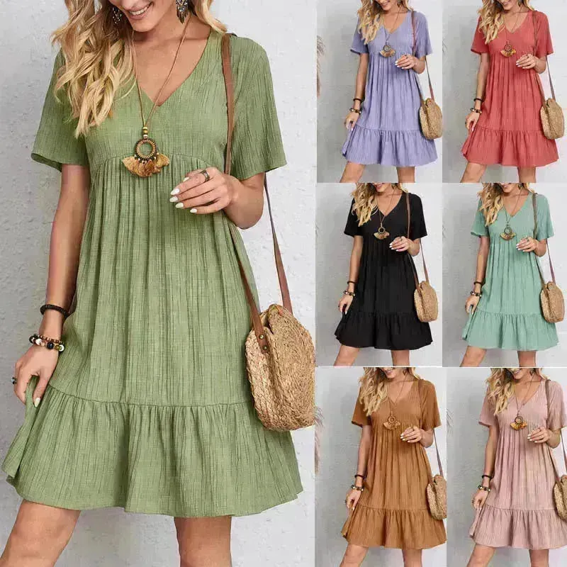 Summer Beach  V-neck Dresses Women's Loose Casual Short-sleeved Loose Skater Dress for Chic Ladies