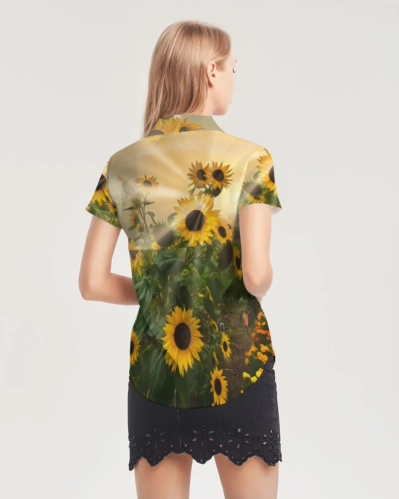 Sunflower Sunshine Women's Short Sleeve Button Up