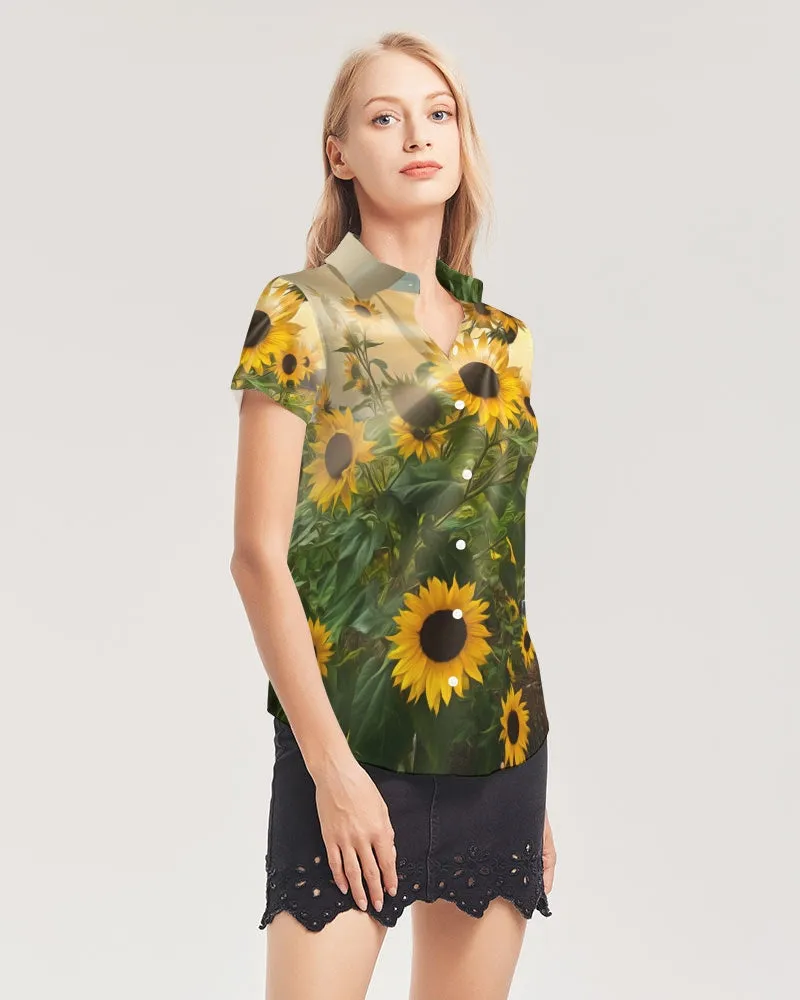 Sunflower Sunshine Women's Short Sleeve Button Up