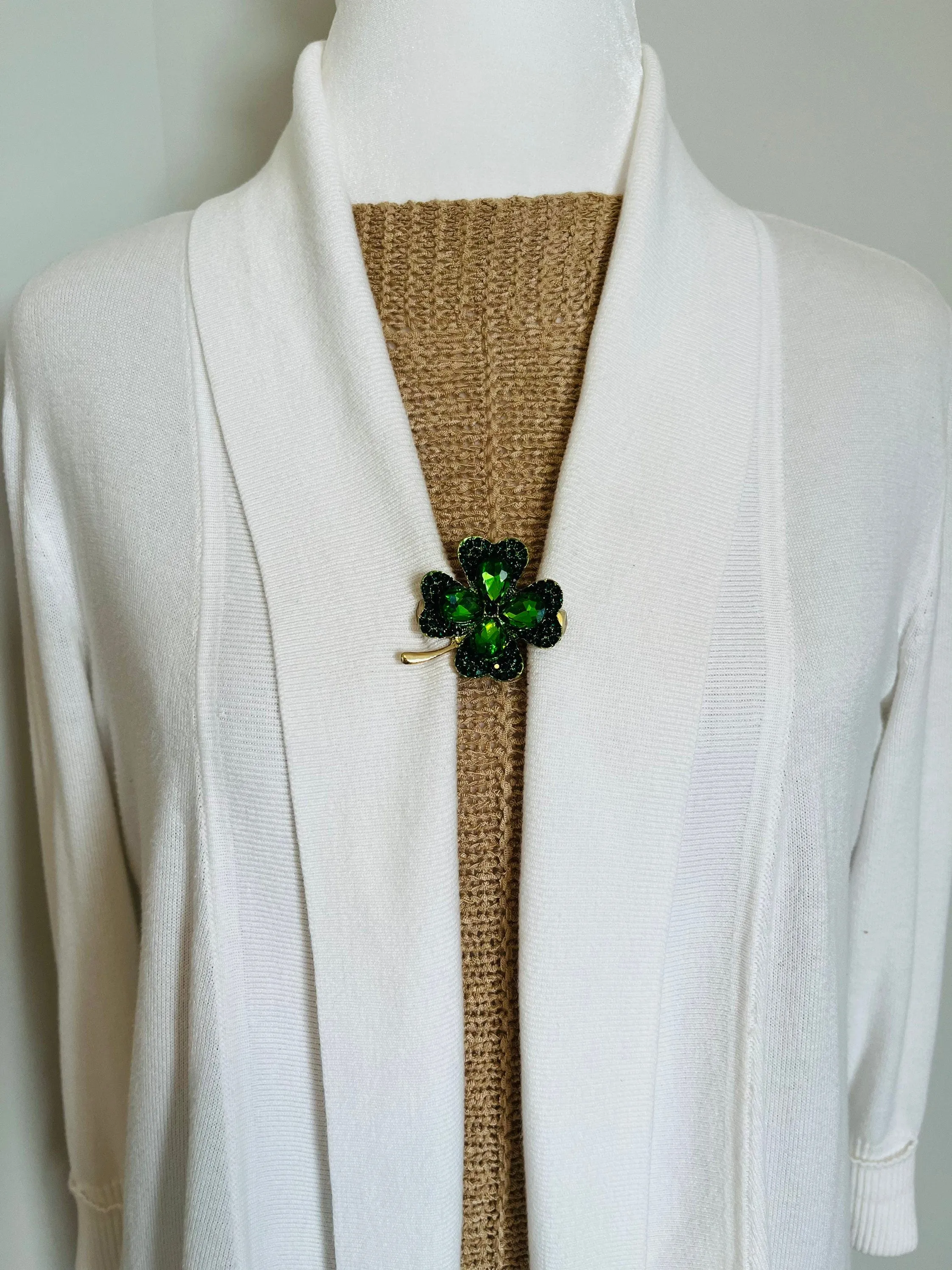 Sweater Clips Green Four Leaf Clover Sweater Clip Gold Cardigan Clasp Rhinestones Jewelry Gift for Mom Gifts for Her by Fabulici