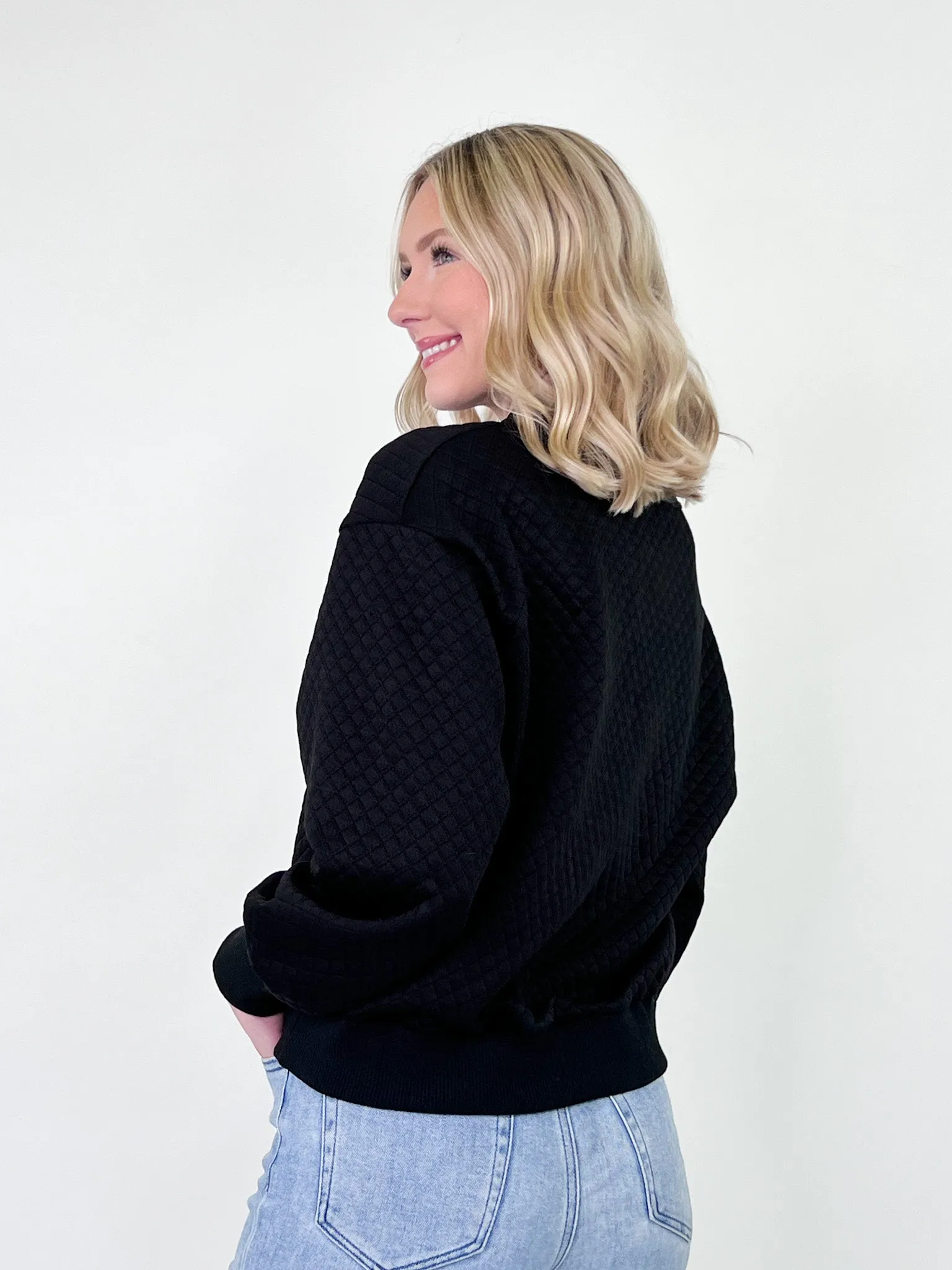 Taryn - Black Quilted Half Zip Sweatshirt