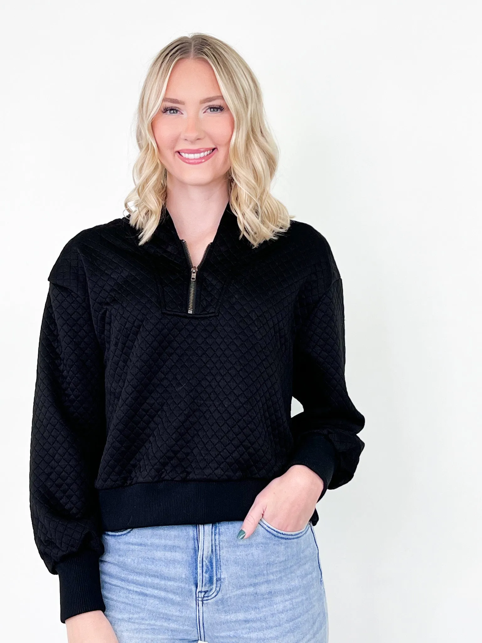 Taryn - Black Quilted Half Zip Sweatshirt