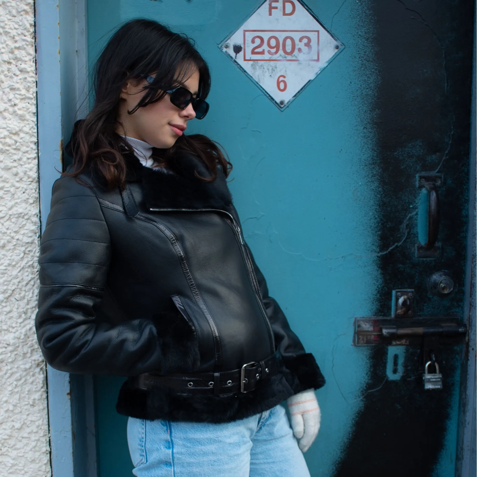 Tasha’s Black Sheepskin Shearling B-3 Bomber Style Jacket