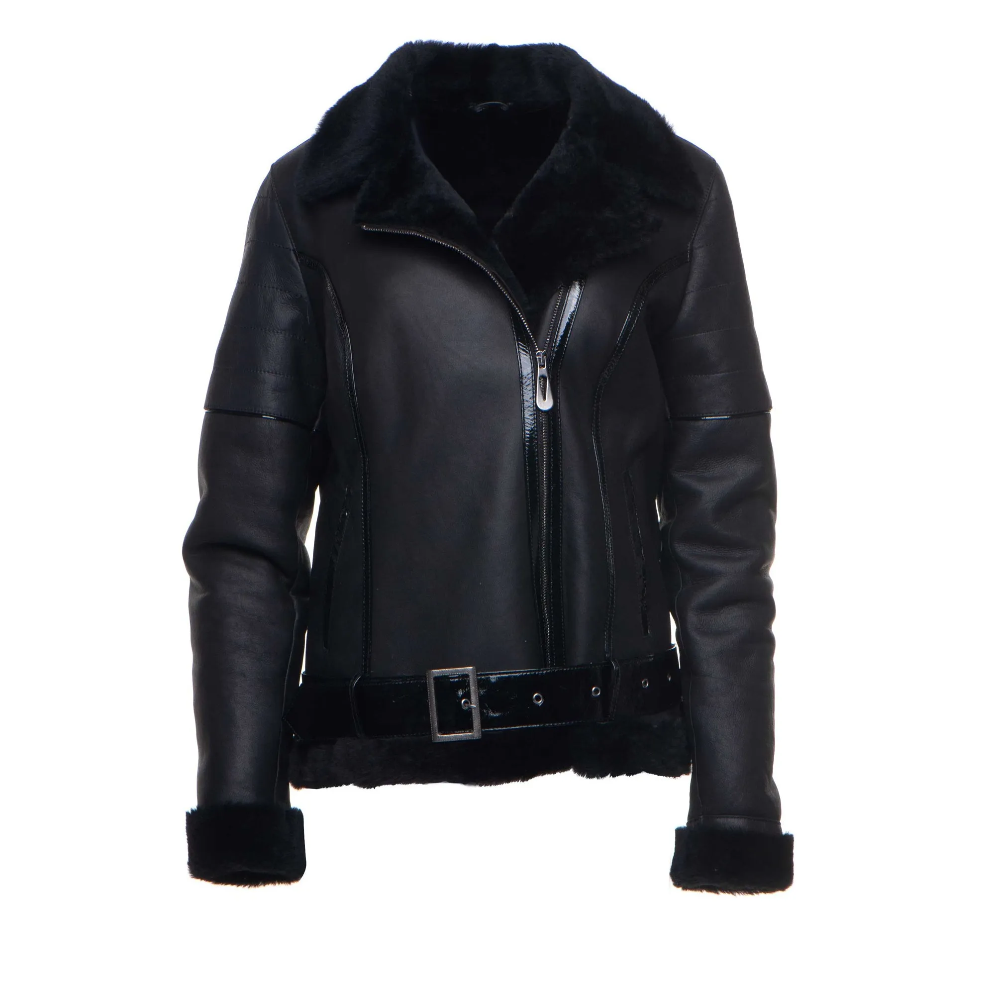 Tasha’s Black Sheepskin Shearling B-3 Bomber Style Jacket