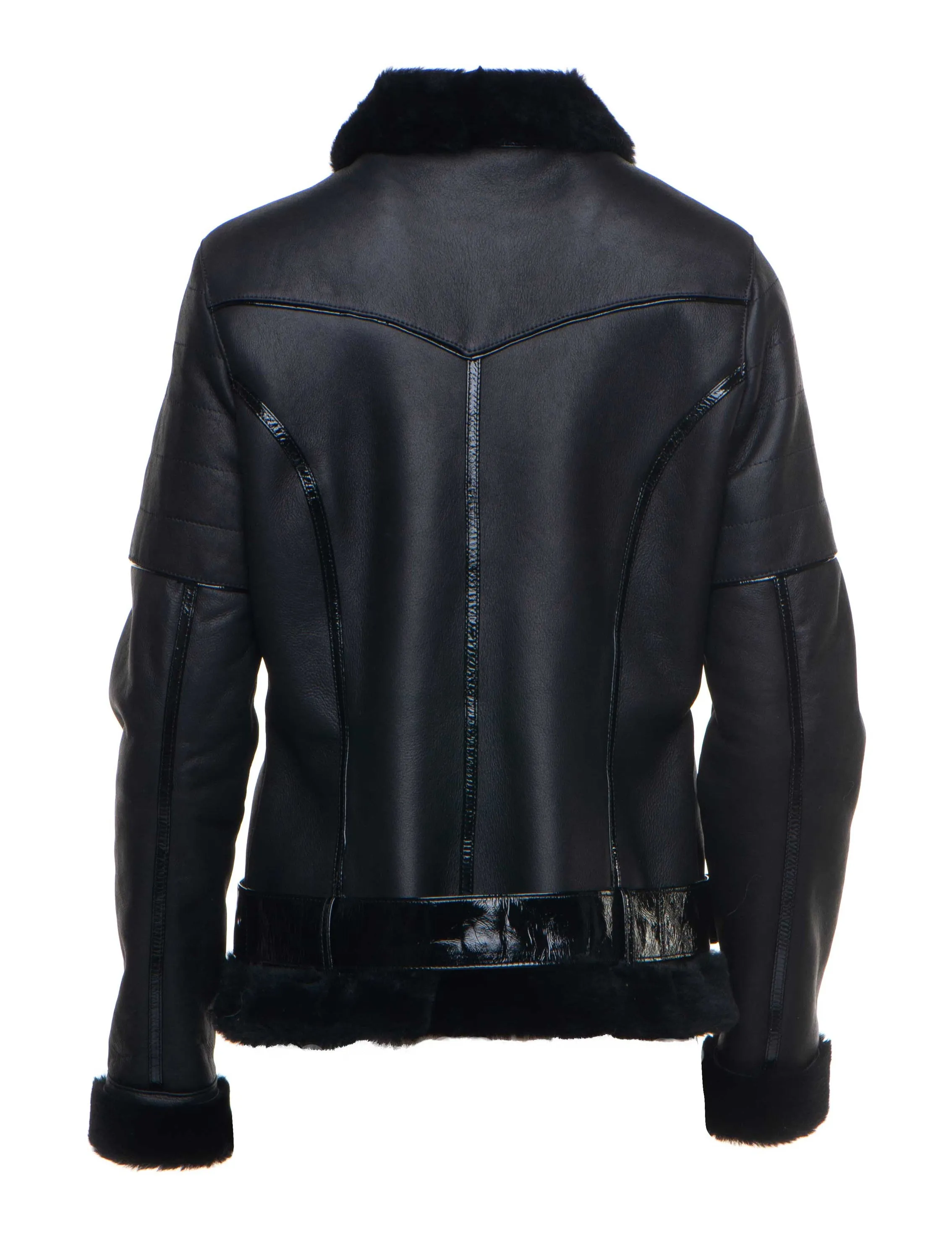 Tasha’s Black Sheepskin Shearling B-3 Bomber Style Jacket