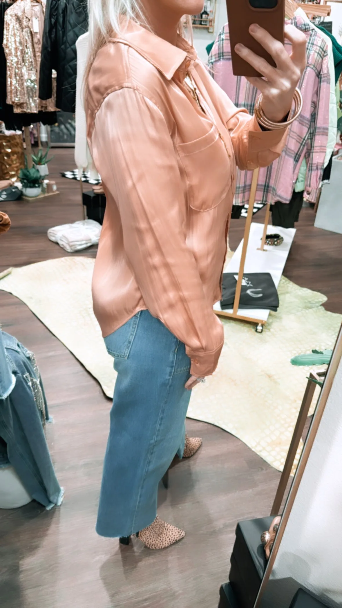 The Salem Satin Button Down in Salmon