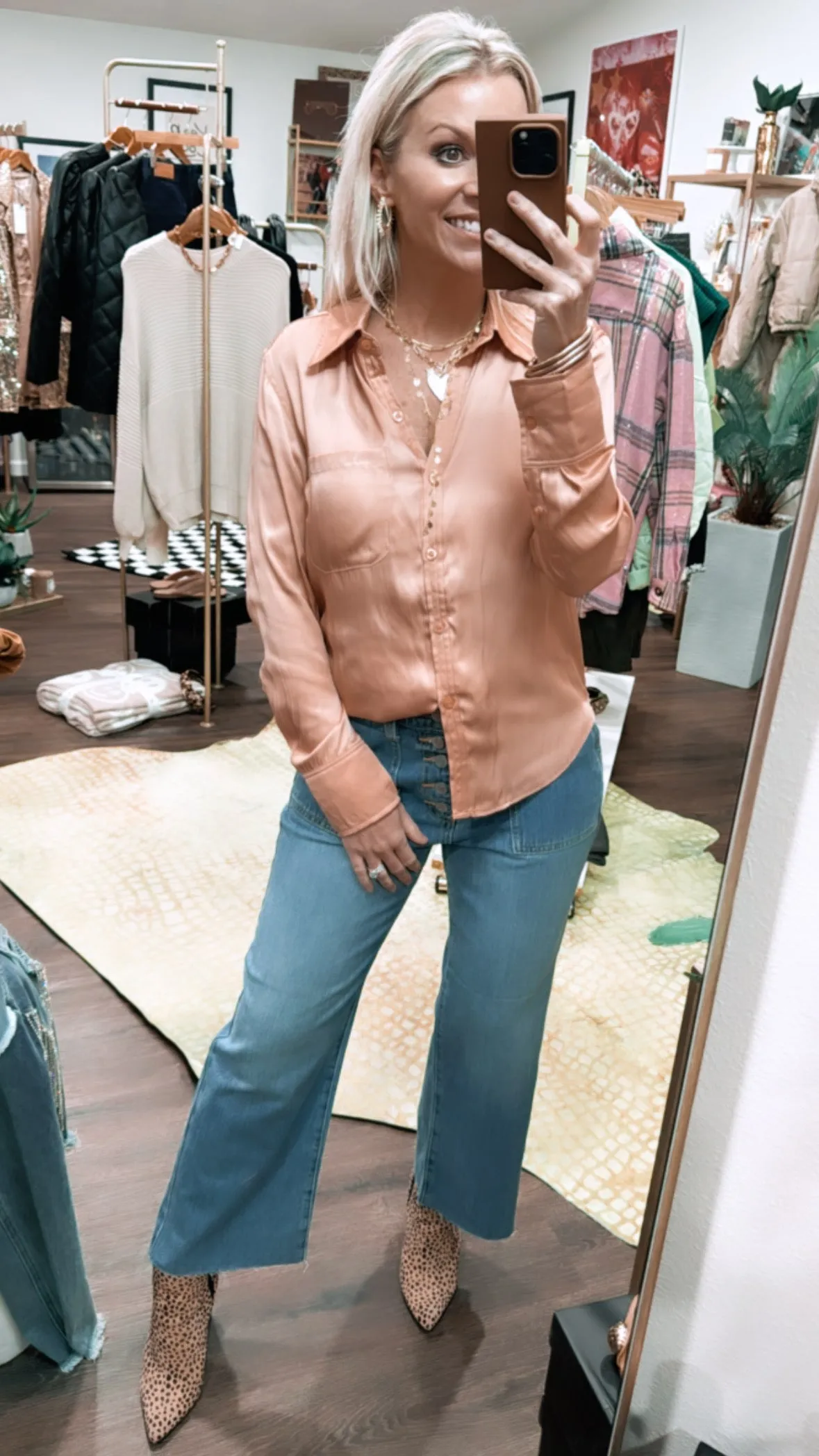 The Salem Satin Button Down in Salmon