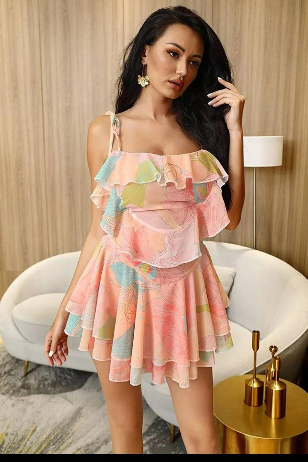 Tie Dye Chiffon Ruffle Mini Dress