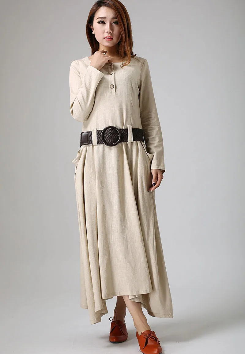 Two large pockets dress cream linen dress maxi dress long dress (889)