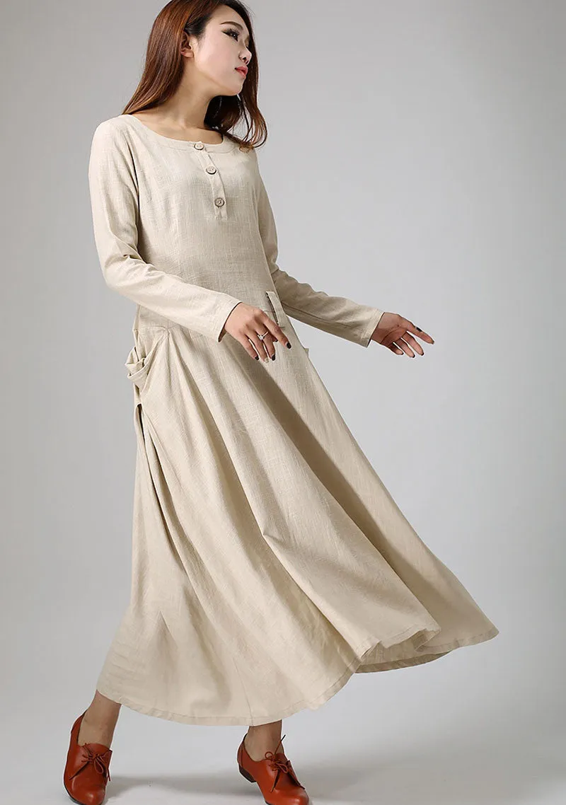 Two large pockets dress cream linen dress maxi dress long dress (889)