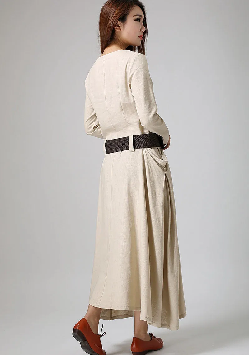 Two large pockets dress cream linen dress maxi dress long dress (889)