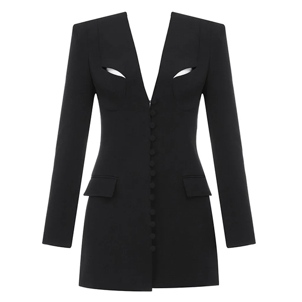 Unique Cutout Long Sleeve Button Down Mini Blazer Dress - Black