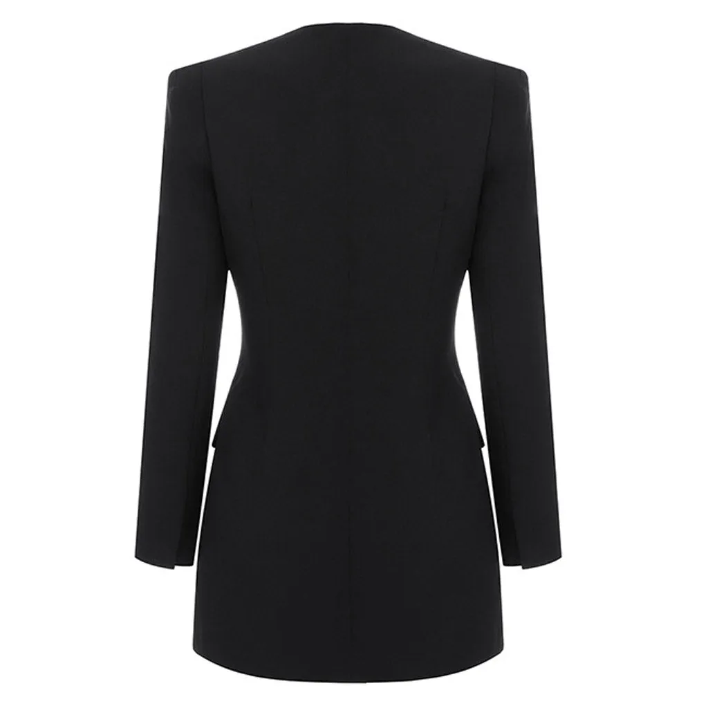 Unique Cutout Long Sleeve Button Down Mini Blazer Dress - Black