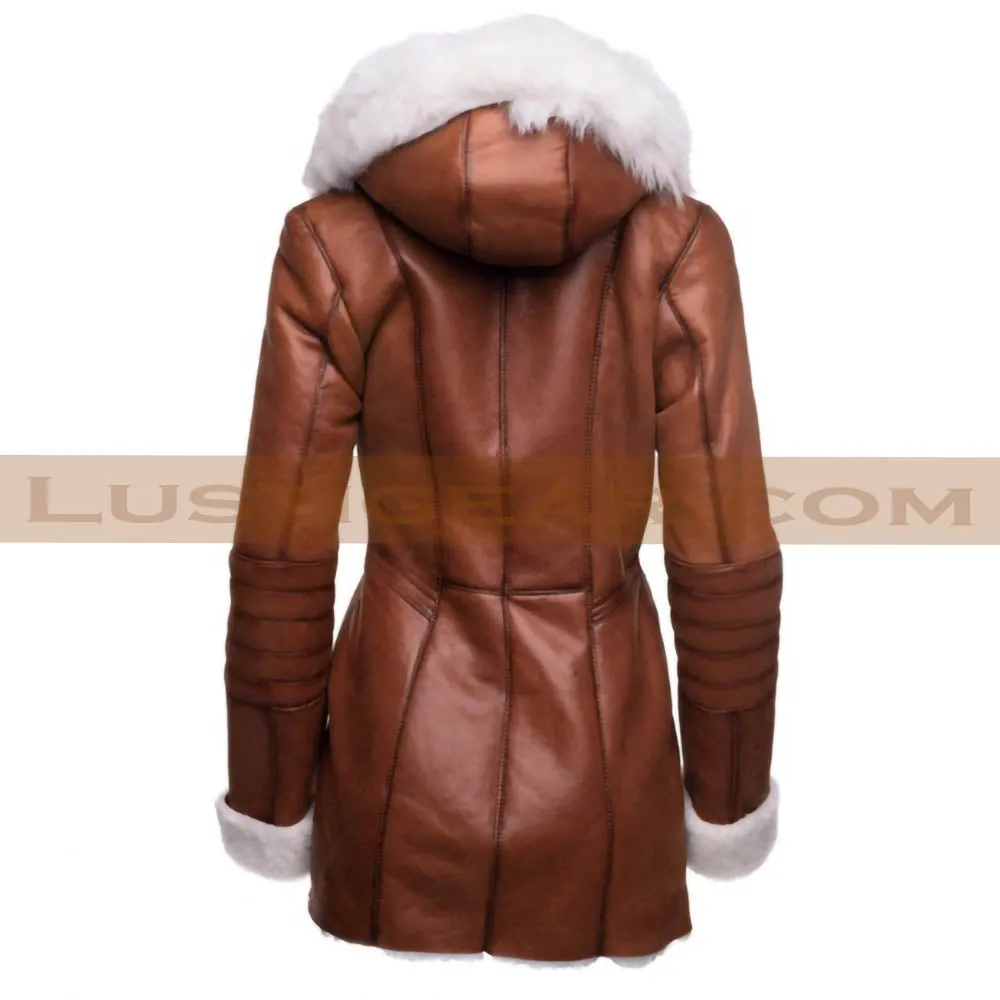 Victorian Style Trench Hooded Fur Coat Womens Wax Brown Long Winter Jacket