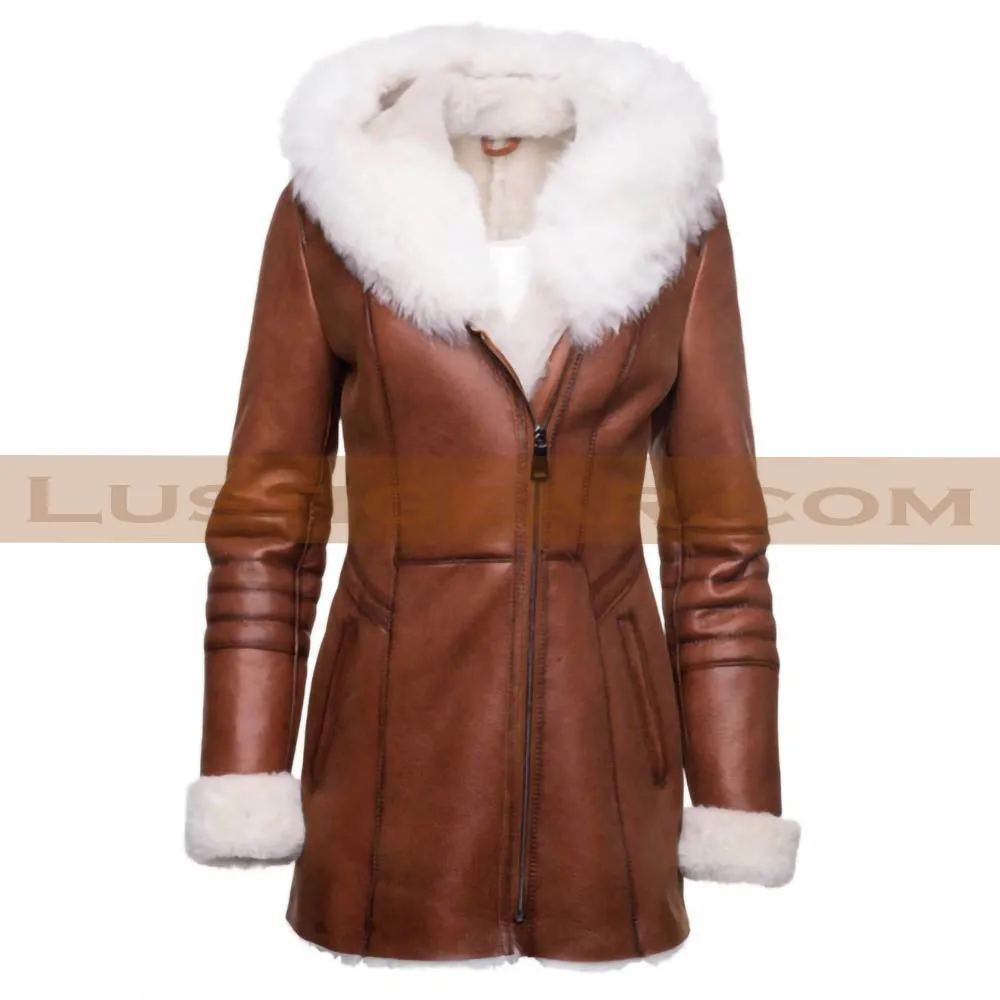 Victorian Style Trench Hooded Fur Coat Womens Wax Brown Long Winter Jacket