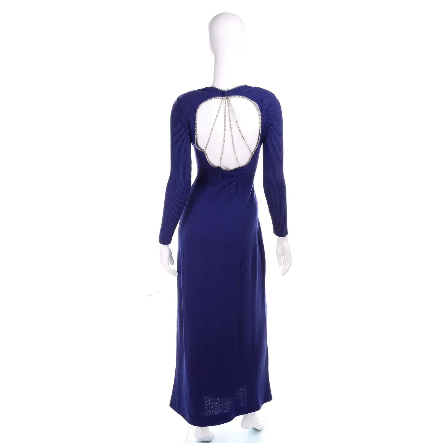 Vintage 1970s Blue Knit Evening Dress W Open Back & Rhinestones